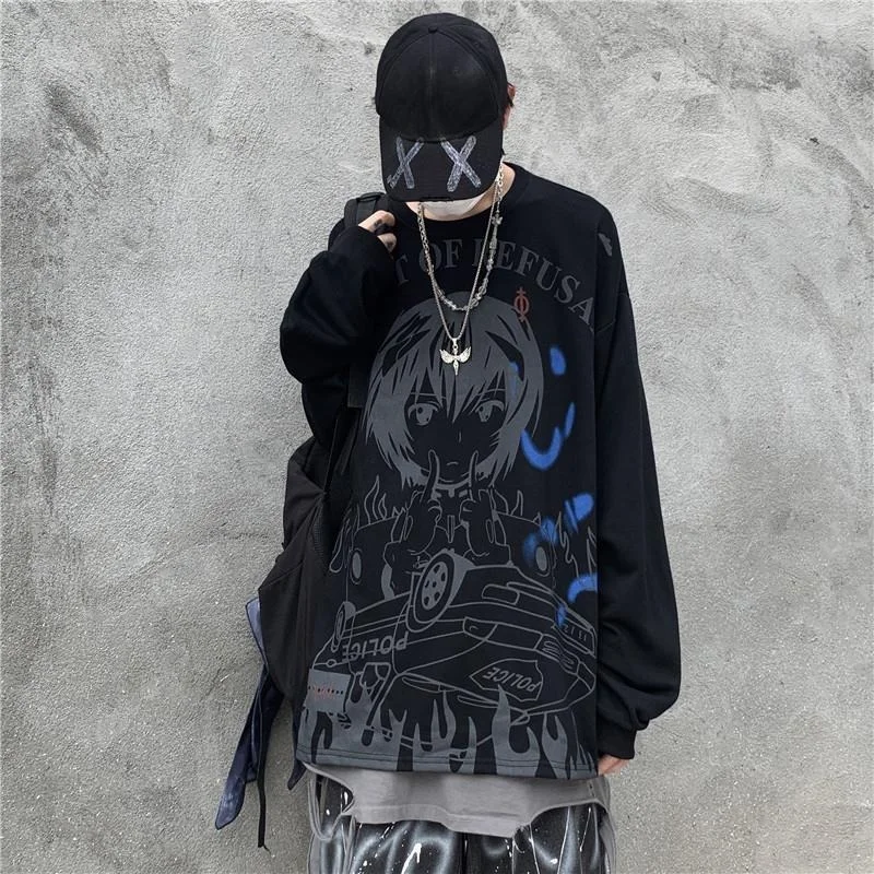 

2021 spring and summer new retro high street dark black top women anime print goth hip hop trend long-sleeved T-shirt women