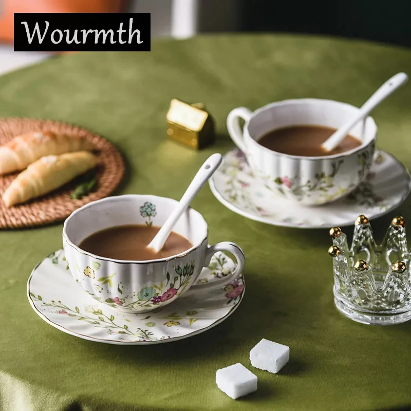 

Ceramic Coffee cup Simple Flower Tea Cup Saucer set Pastoral Style Afternoon Teaset Home Drinking Cup With spoon and Cup Holder