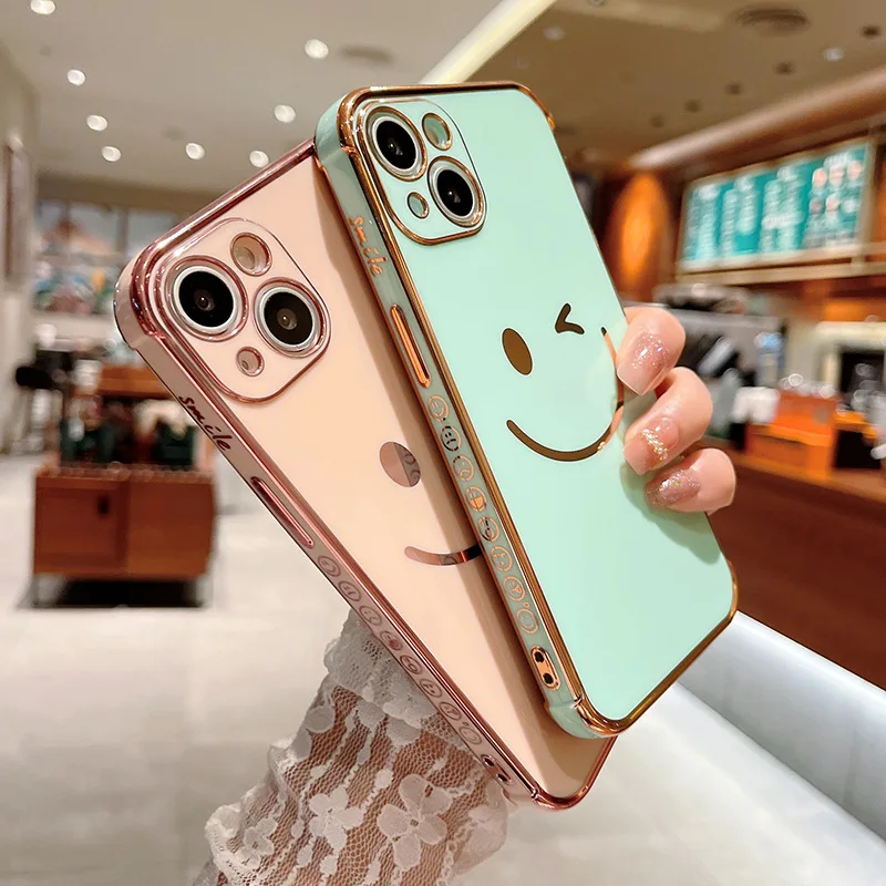 

Luxury Plating Smiley Airbag Bumper Case For iPhone 11 12 13 Pro Max Mini XR X XS 7 8 Plus SE 2 Silicone Shockproof Soft Cover