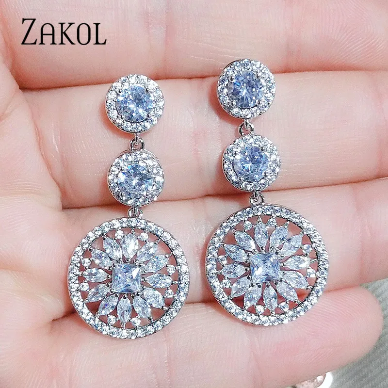 ZAKOL изысканные сферические круглые фианиты цветочные серьги-капли свадебные