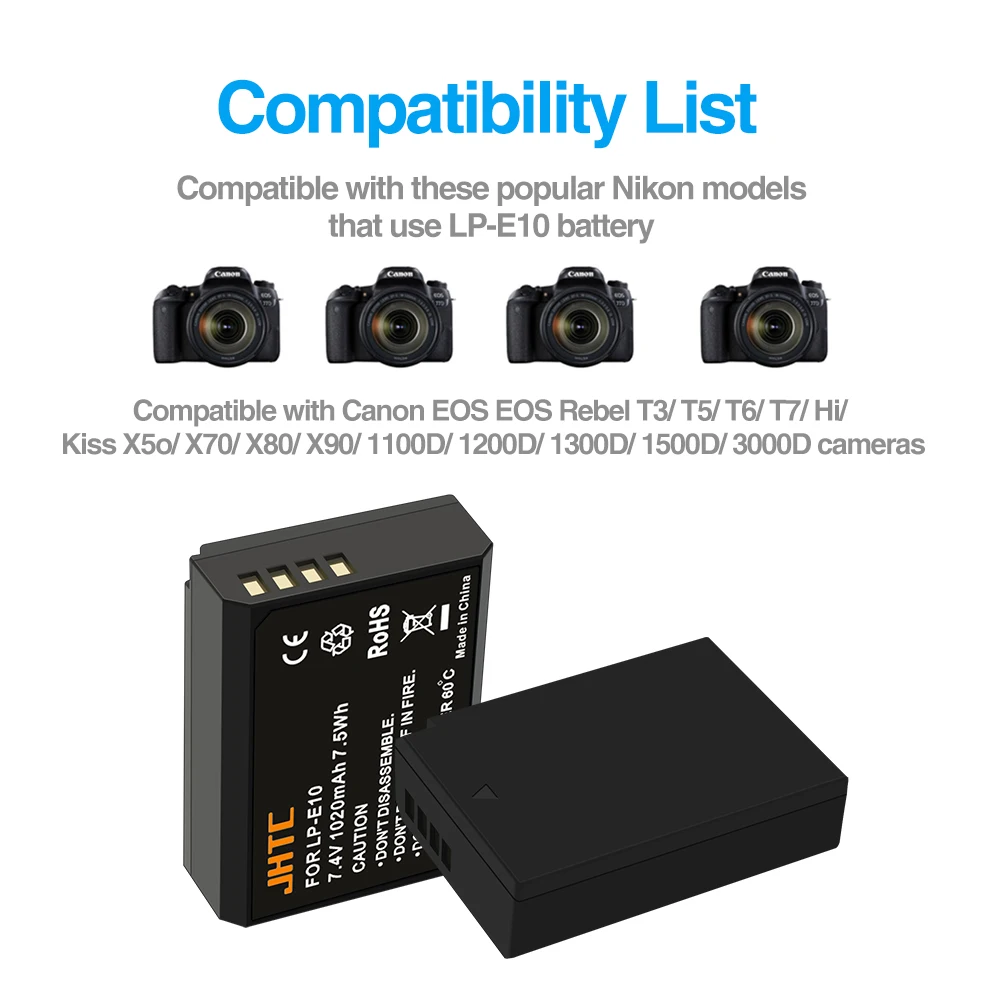 Аккумулятор LP-E10 LPE10 для камер Canon EOS Rebel T3 T5 T6 T7 1100D1200D 1300D Kiss X50 X70 на 1020 мАч с зарядным устройством.