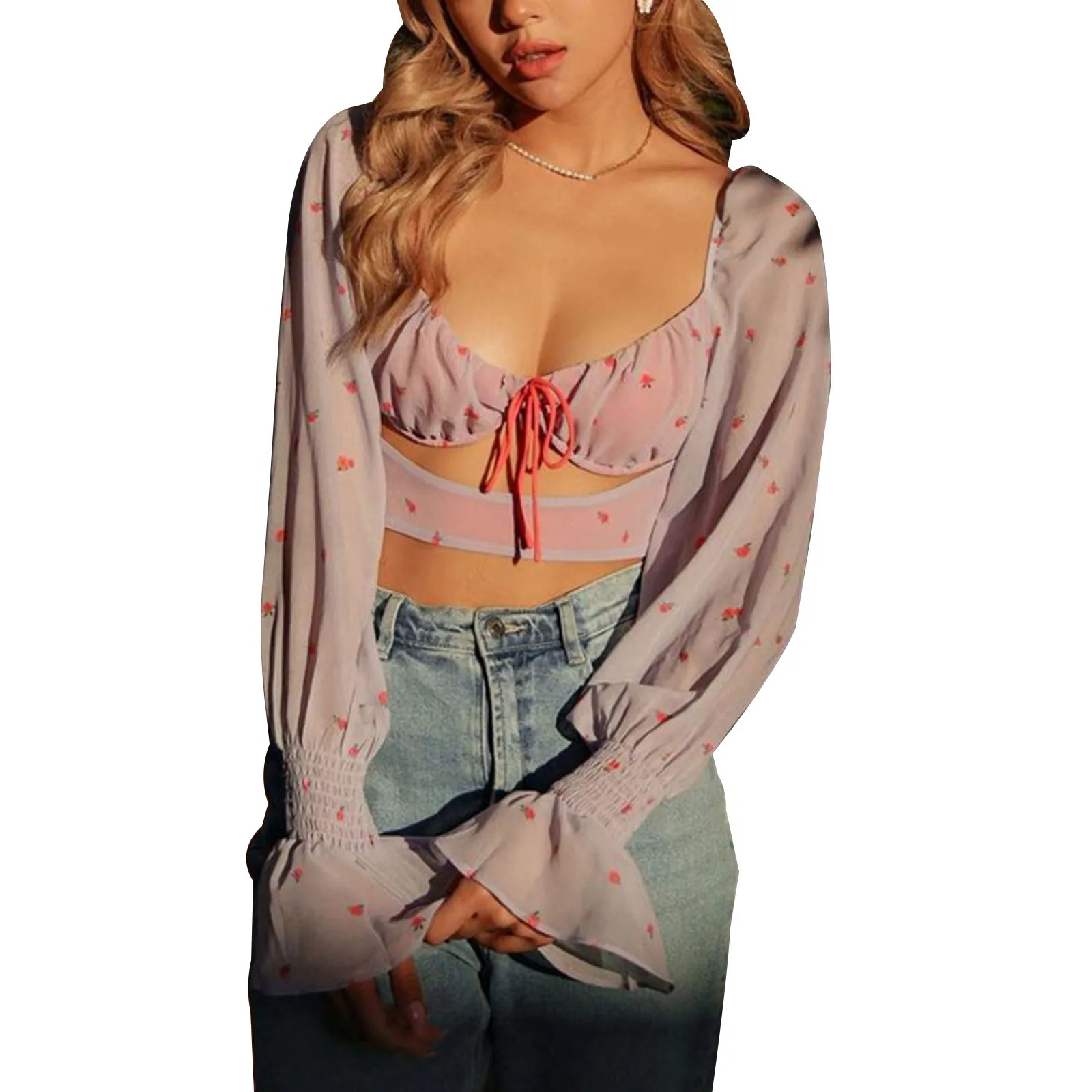 

2021 Summer Ladies Tie Back Crop Tops, Long Puff Sleeve Floral Print Ruched Bust Cut Out Shirts
