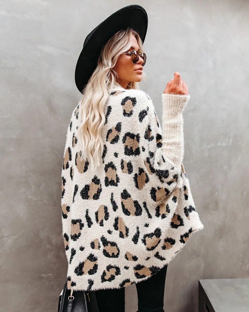 

Fuzzy Leopard Long Cardigan Female Bohemian Slim Batwing Sleeve Overized Sweaters Cardiagns For Women Winter Coat