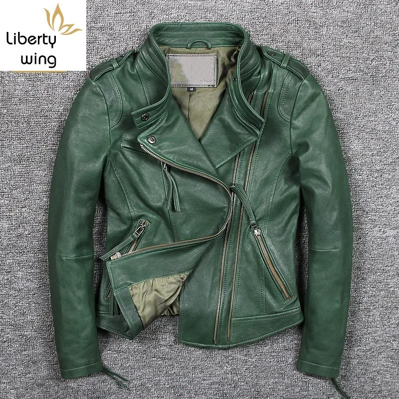 

Italy 2020 New Green Sheepskin Genuine Jacket Women Motor Windproof Biker Real Leather Coat Zip Punk Jaqueta De Couro