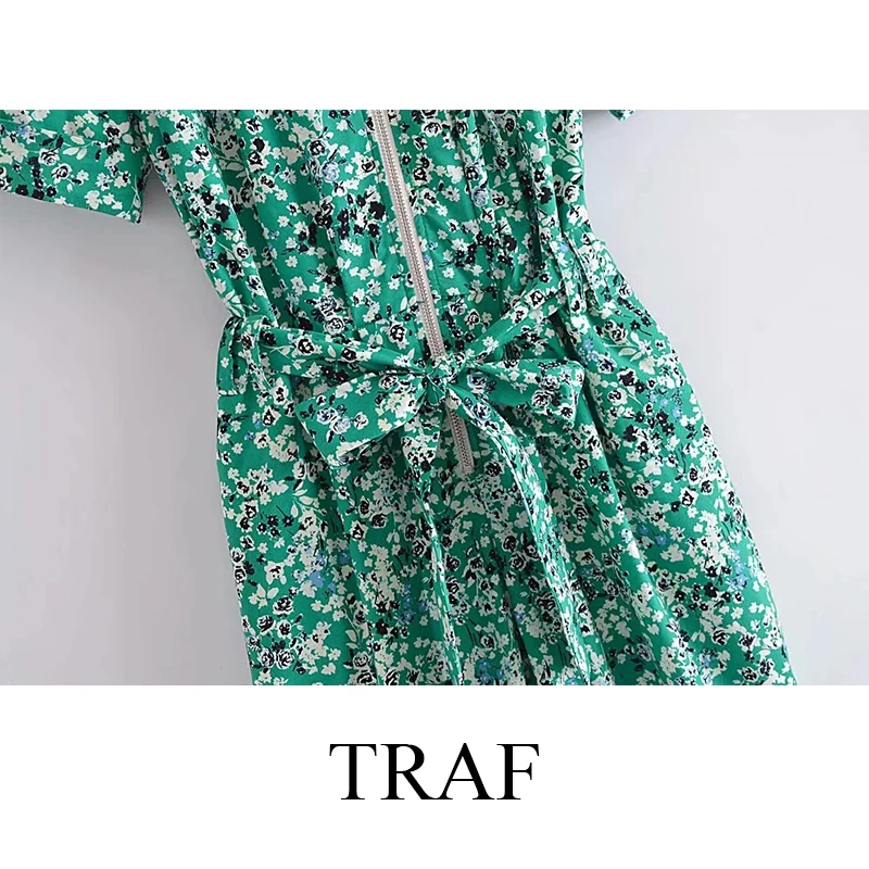 

TRAF Women's Clothing Jumpsuit Woman Summer Chic Floral Print Short-Sleeved Turn Down Collar Female Jumpsuit Zipper Streetwear