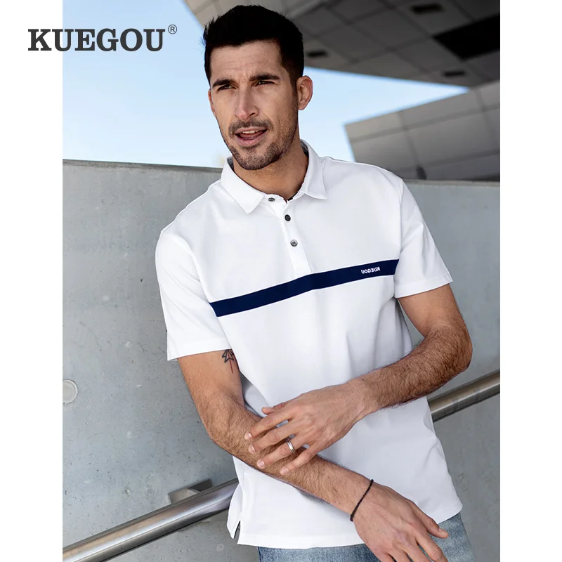 

KUEGOU Clothing Men's Polo shirts short sleeves Lapels slim Summer Pique Polos Embroidery Fashion Patchwork Top Plus Size 90051