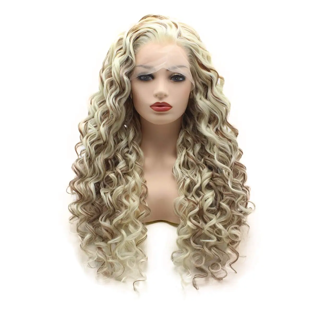 

Jeelion Hair Curly Long 26inch Three Tone Light Blonde Auburn White Mix Heavy Density Realistic Synthetic Lace Front Wigs