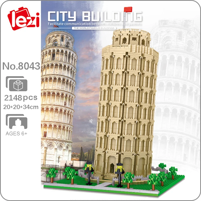 

CB Lezi 8043 мировая архитектура, наклонная башня Пизы, модель 3D «сделай сам», мини-алмазные блоки, кирпичи, игрушки для детей, без коробки