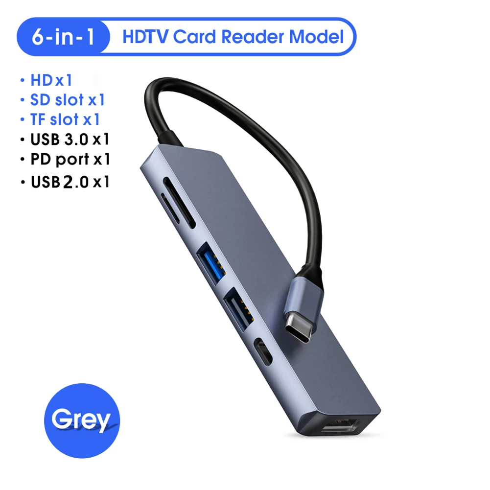 

USB-разветвитель 6 в 1, 5 Гбит/с, PD 3,0, 100 Вт