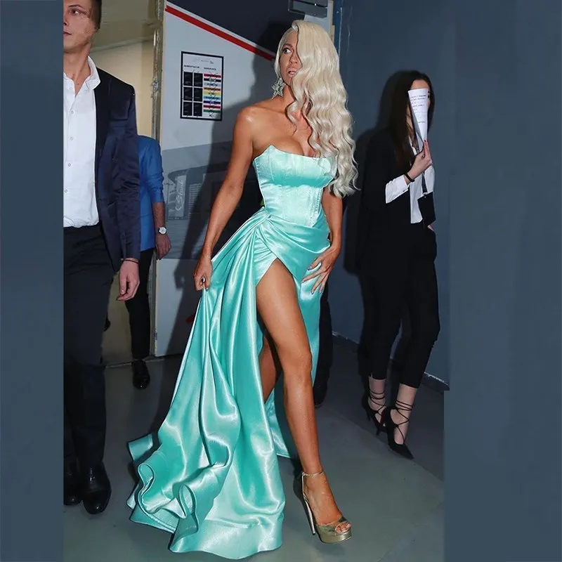 Сексуальное зеленое вечернее платье с высоким разрезом сбоку длинные платья для
