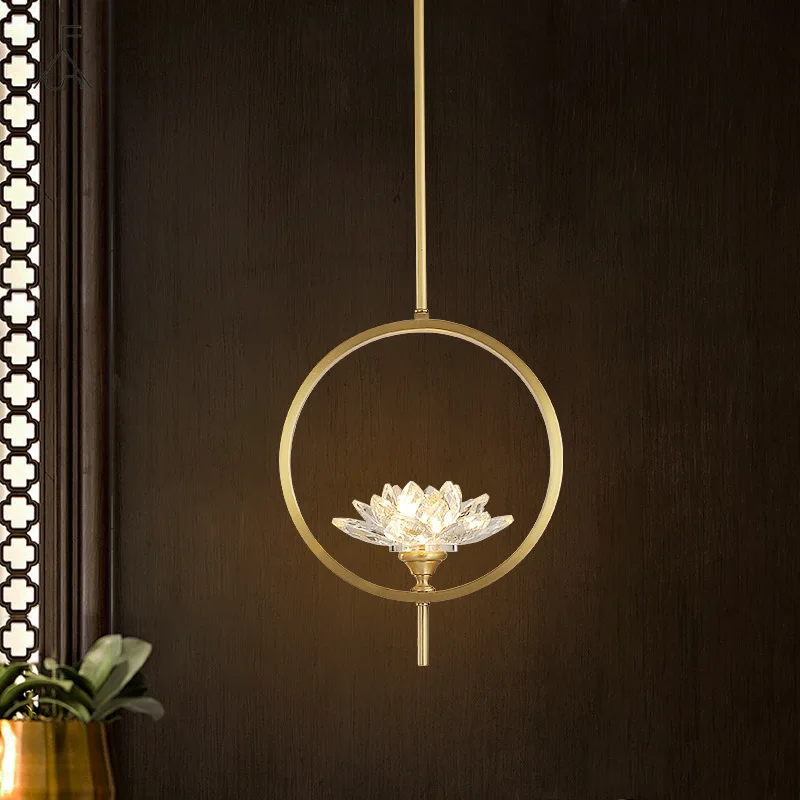 

Chinese Zen Art Lotus Pendant Lights Led G9 220V Copper Crystal Modern Hanging Light Fixtures Home Decor Kitche Study Background
