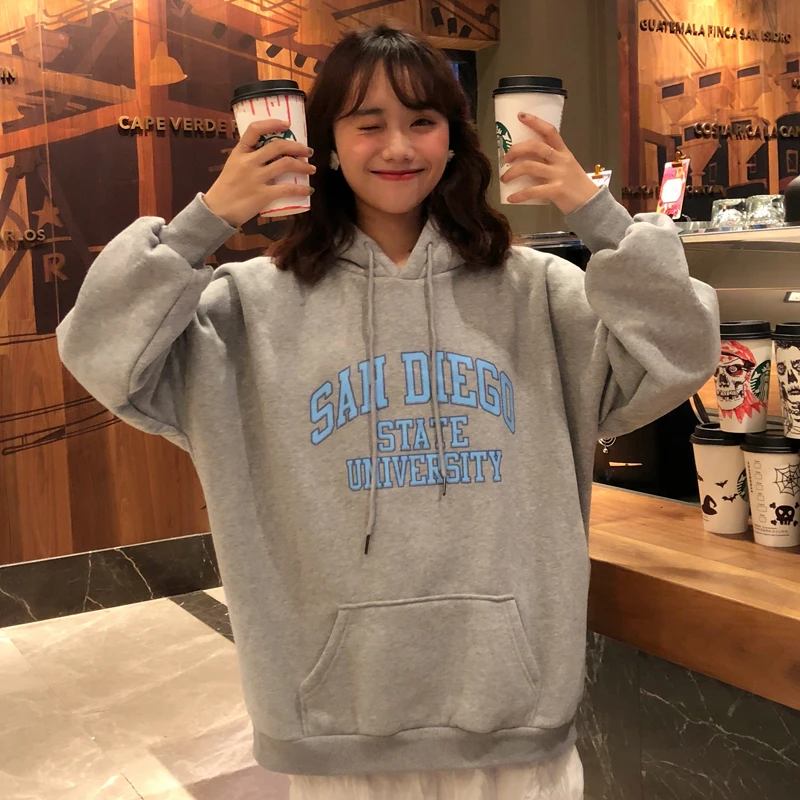 Женские толстовки с капюшоном, свободные, с буквенным принтом, Kawaii, Harajuku, подходят ко всему, с большими карманами, Корейская Студенческая мягкая верхняя одежда, женские повседневные женские свитшоты - Цвет: Light gray