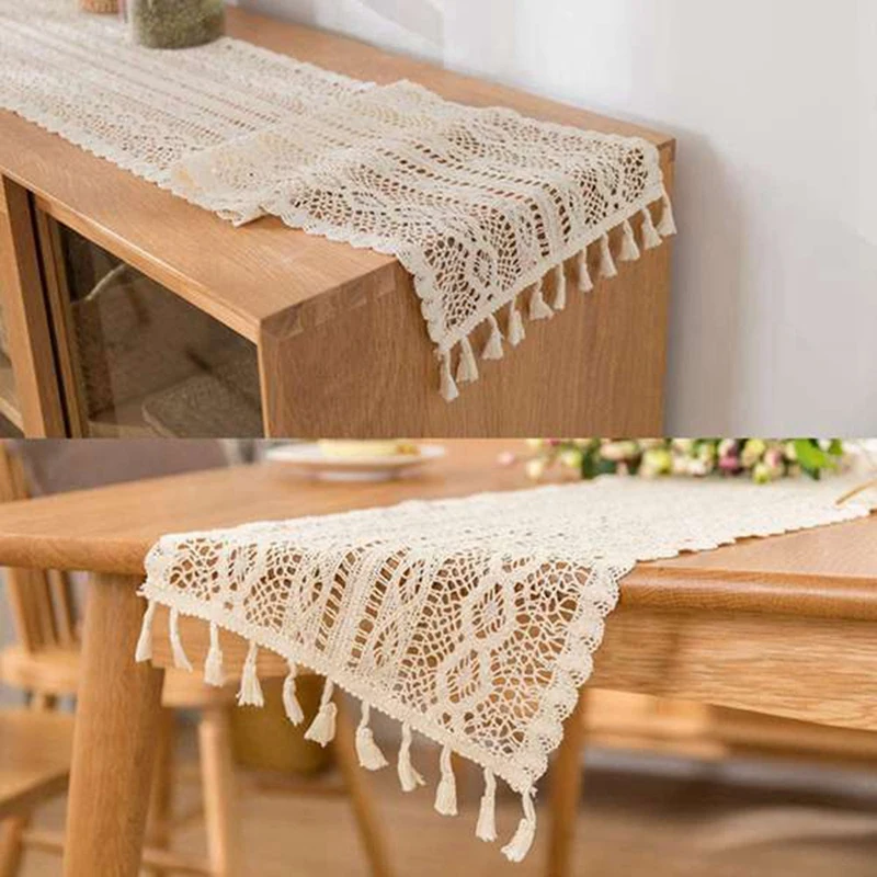 

Hot Elegant Cream Crochet Lace Macrame Table Runner with Tassels for Rustic Chic Wedding Reception Table Decoration