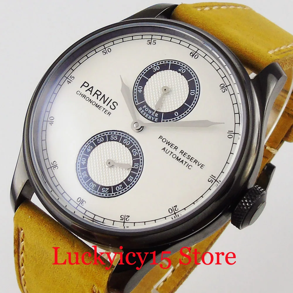 

PARNIS 43mm Dress Black PVD Plated Automatic Solid Men Wristwatch Power Reserve Indicator Leather Band