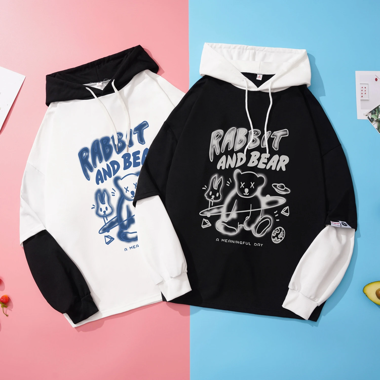 

Fall Spring Women Fake Two Pieces Fashion Hoodie Goth Rabbit And Bear A Meaningful Day Graphic Print Couples Harajuku Sweatshirt