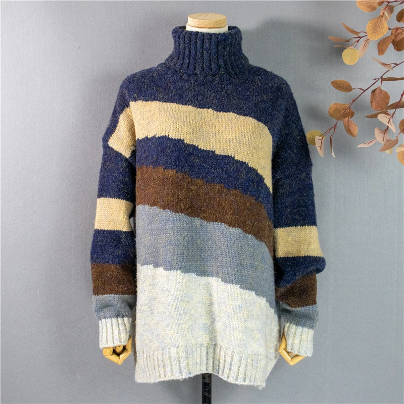 

Make the spot! Ms new winter high collar stripe color restoring ancient ways is han edition coat loose knitting sweater