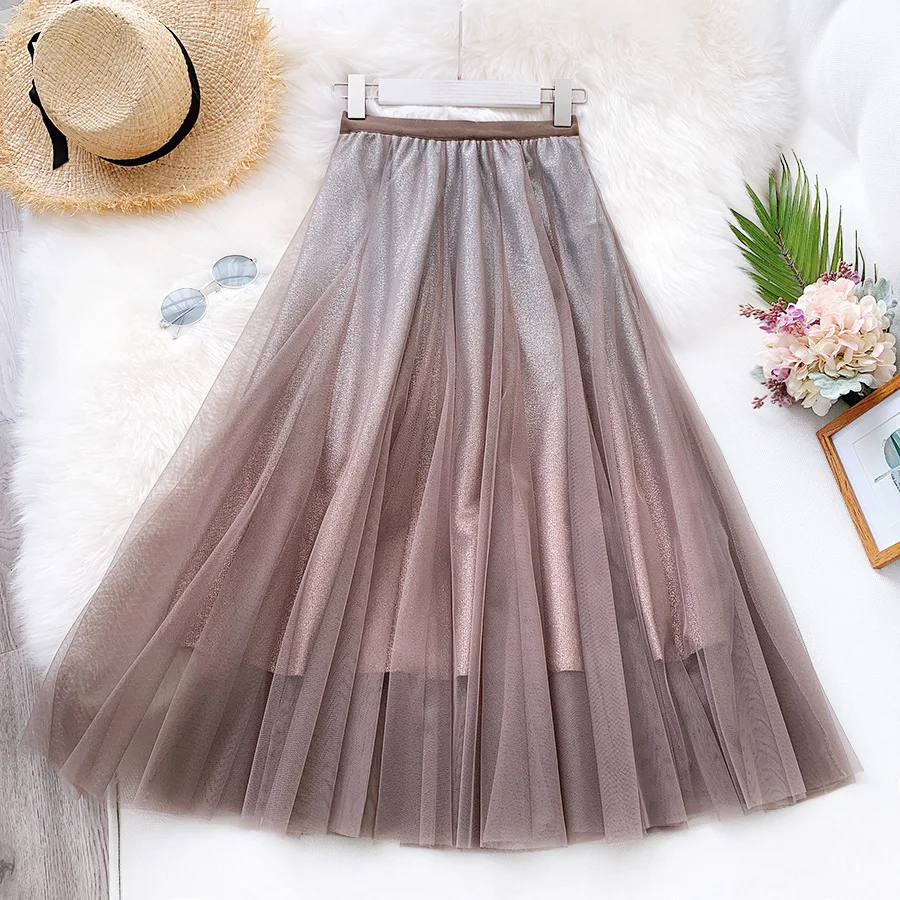 

New Arrival Long Women Skirt WF0049 High Waisted Tulle Gradient Color Black Khaki Green Blue Elegant Ladies Skirt