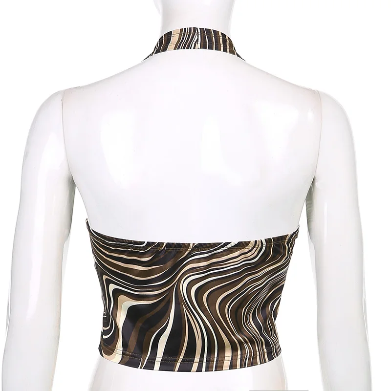 

90s Vintage Paisley Backless Halter Top Brown Ruched Drawstring Crop top y2k Camis Women V Neck Sweats Beach Holiday Vest 2021