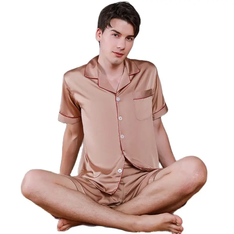 Fashion Men's Silk Satin Pajama Set Solid Color Short Sleeve Button T-Shirt Top with Elastic Belt Boxer Shorts Pajamas%100