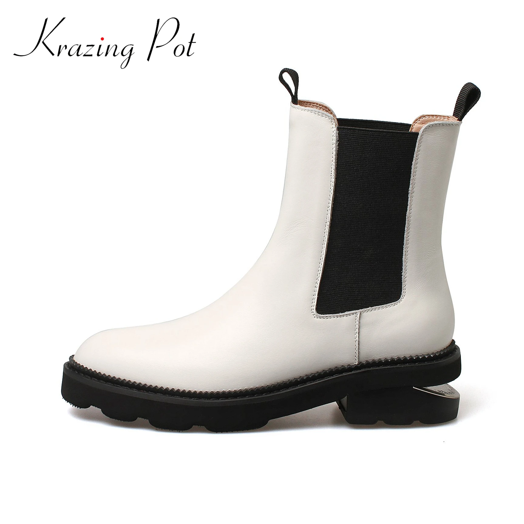 

Krazing pot cow leather round toe gorgeous Chelsea boots beauty lady mixed color strange style med heels big size 43 ankle boots