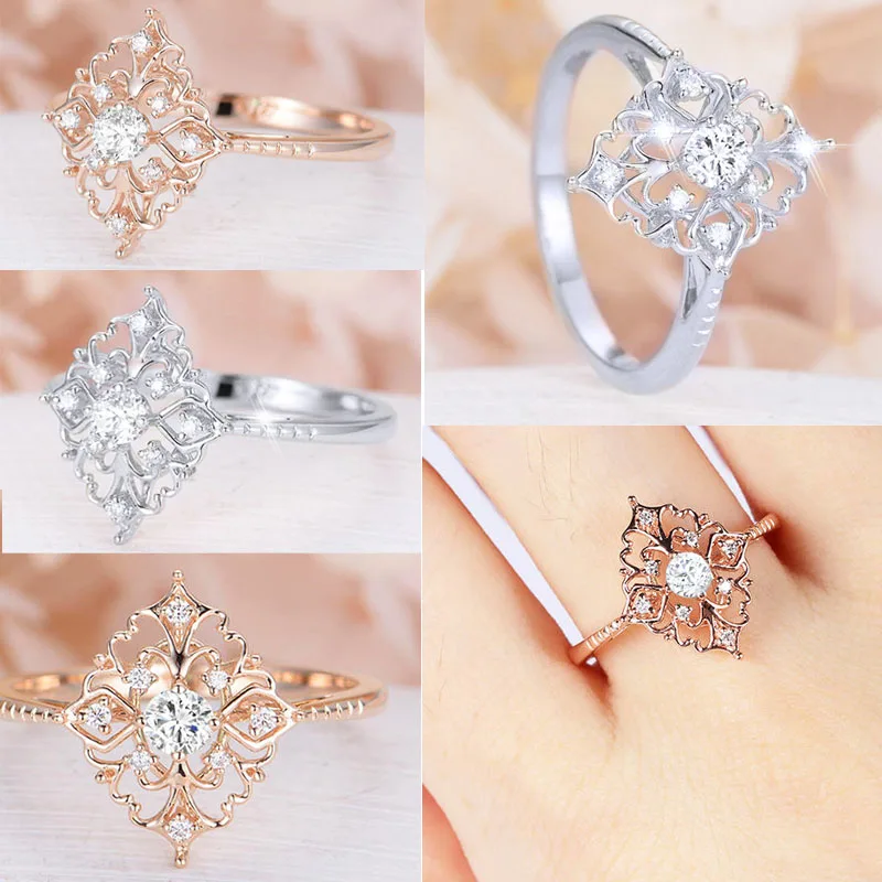 

Classic Hollow Engraving Pattern Inlaid Rhombus Crystal Rhinestone Zircon Ring for Women Wedding Engagement Bridal