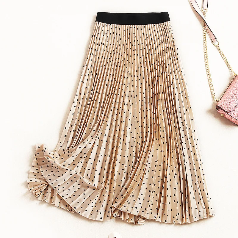 

2021 Summer Women Fashion Dot Skirts Elastic Waist Casual Elegant Long Pleated Skirts