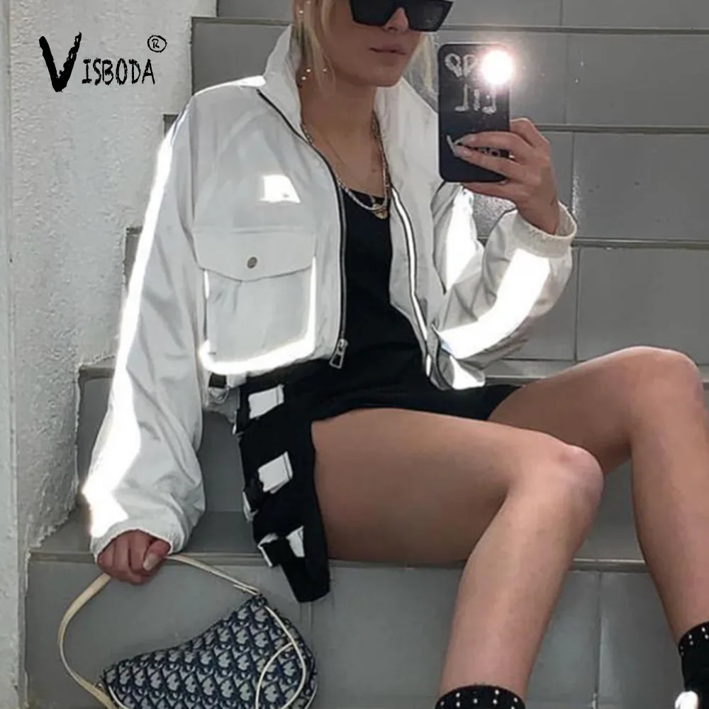 Светоотражающая укороченная куртка пальто для женщин с карманами свободная