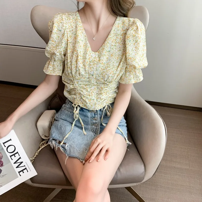 

Summer Floral V-neck Blouse Women Korean Fashion Clothing Puff Sleeve Print Shirt Woman Chic Drawstring Tops Sesy Chiffon Top