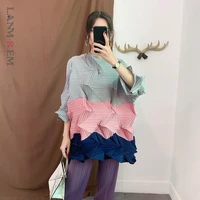 lanmrem green contrast stand collar cropped sleeve pleated woman long t shirt casual simple fashion 2022 spring new tv723