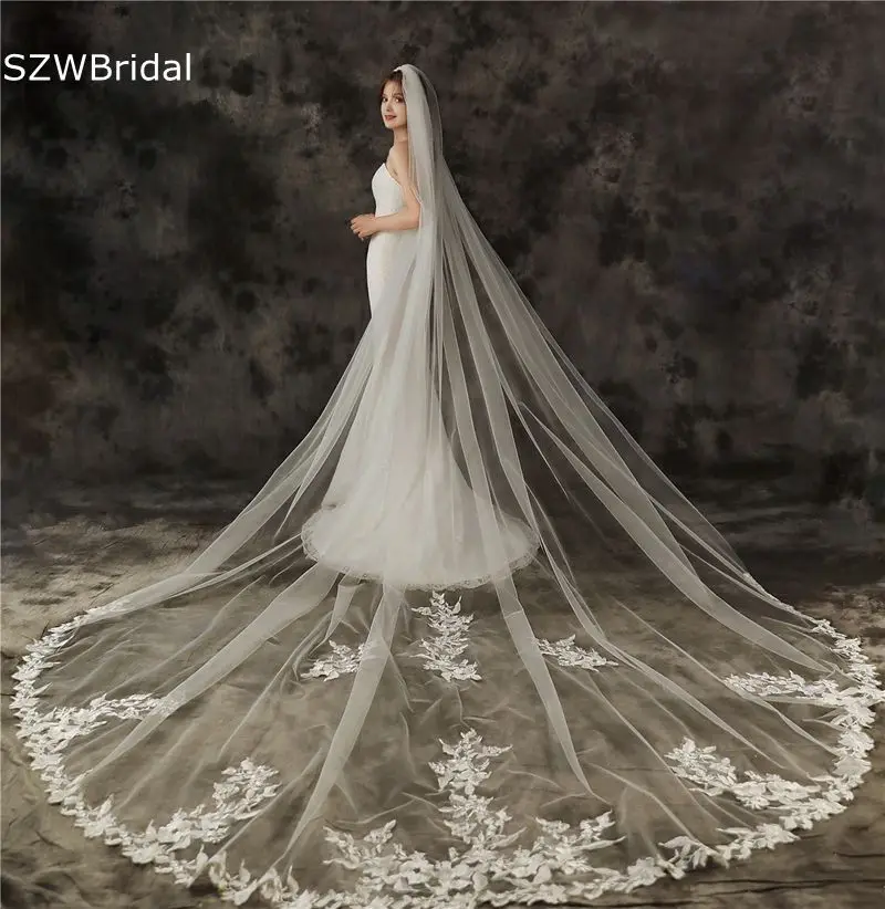 

New Arrival Welon ivory Cathedral Wedding Veils Long Lace Applique Bridal Veil with Comb Wedding Accessories 2023 Voile mariee