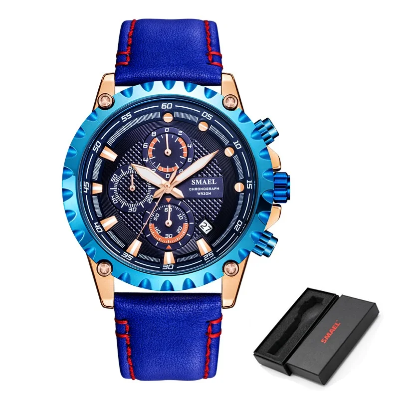 Blue SMAEL мужские часы новые модные синие повседневные кожаные модные кварцевые часы мужские наручные часы водонепроницаемые часы - Цвет: Blue