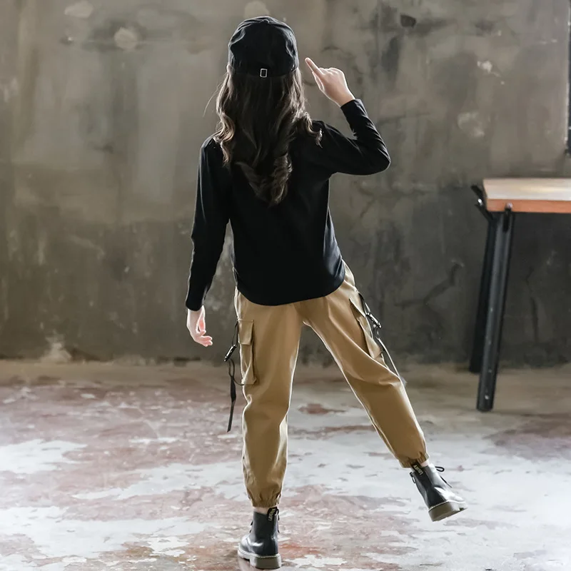 Осенний Новый Детский костюм для девочек футболка с буквенным принтом + штаны из