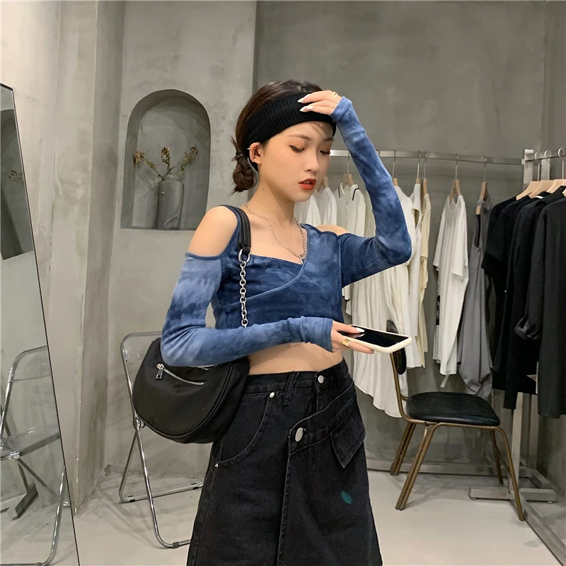 

2021 New Summer Fashion Strapless Collar Tops All-match Tie-dye Design Long Sleeve T Shirts Fashion Streetwear Female Clothing