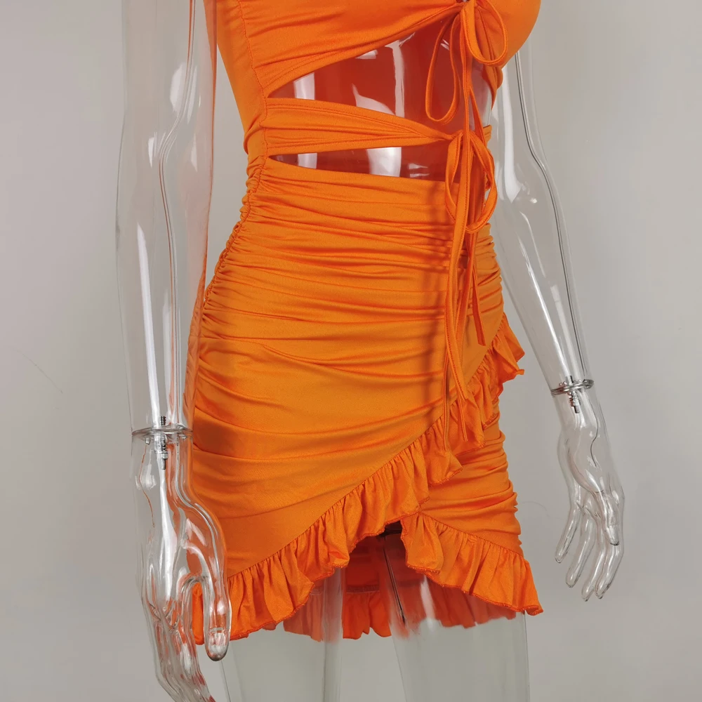 

Lofrcy Women Cut Out Tie Front V Neck Ruffle Hem Pleated Dress Orange Short Ruched Cami Bodycon Mini Dress Party Beach Dresses