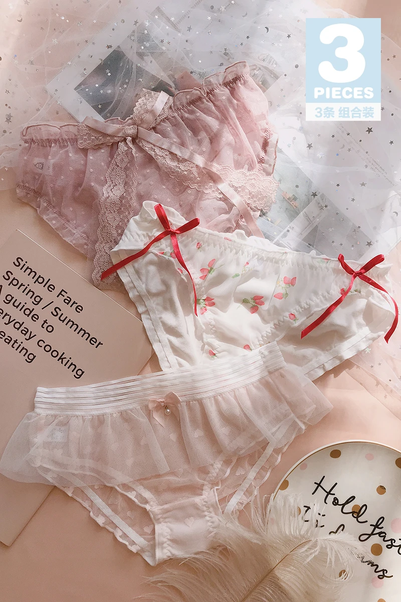 3 шт., японские милые Лолиты для девочек, Kawaii Nets, пряжа с бантом, кружевные трусы принцессы с рюшами, Трусы средней длины, маленькое сказочное нижнее белье, трусы