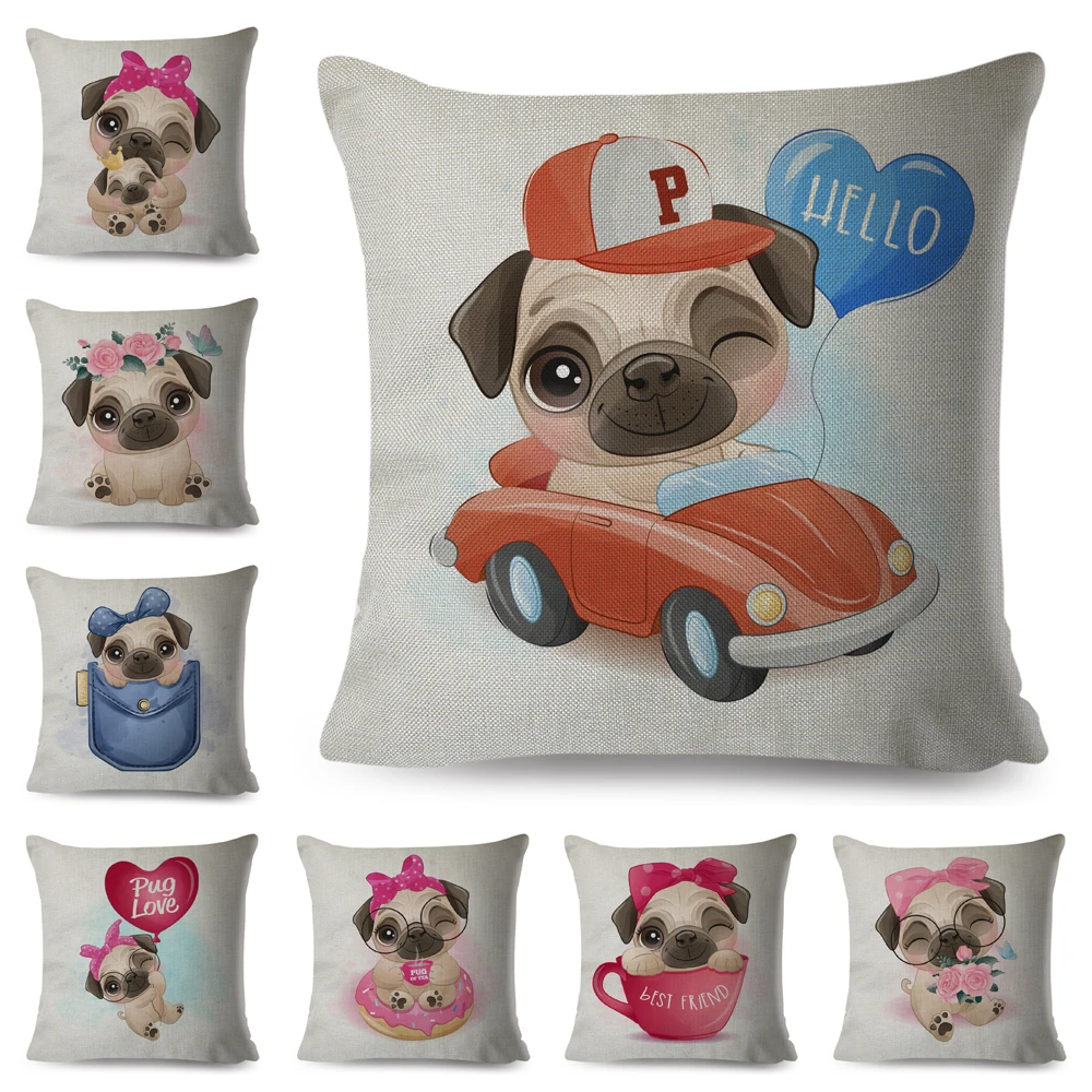 

Cartoon Pet Dog Cushion Cover Decor Lovely Pug Animal Print Pillow Case Polyester Pillowcase for Children Room Sofa Home 45x45cm