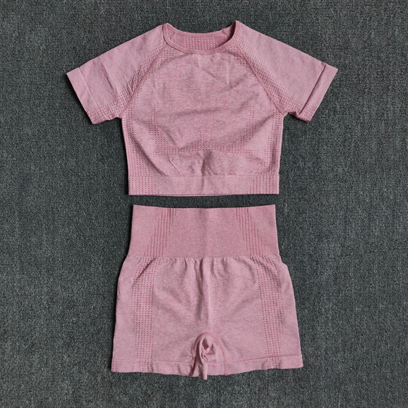 Бесшовный Женский комплект для йоги укороченный топ с коротким рукавом рубашка и