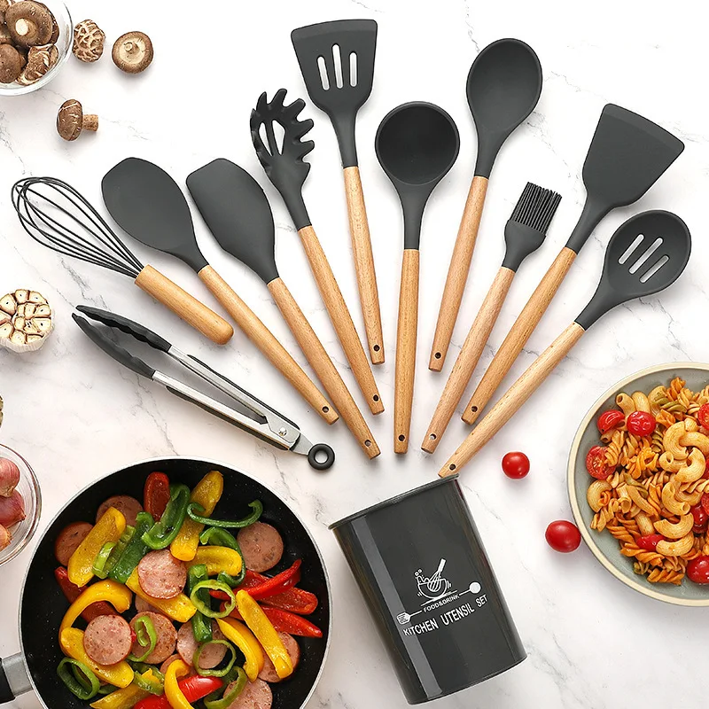 

Silicone Kitchenware Set Cooking Spatula Wooden Handle Stir-fried Spatula Silica Gel Kitchen Ware Multi-piece Set