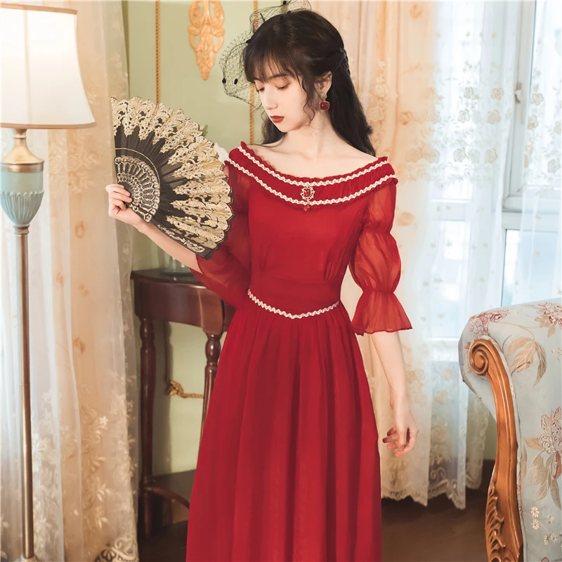 

2020 new fashion women's clothing Vintage dresses Slash neck Empire