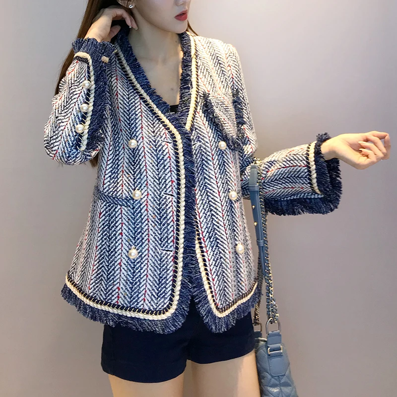 Harajuku Blue White Striped Tweed Jacket 2019 Winter Women Long Sleeve V Neck Elegant Overcoat Bead Pearls Tassels Cardigan Coat | Женская