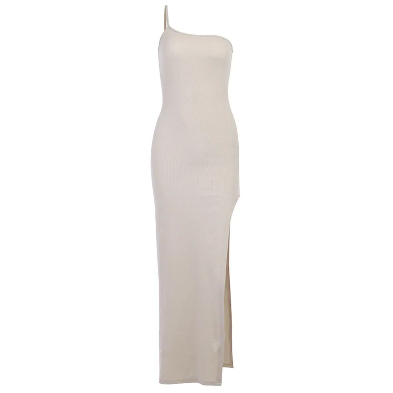 

Wanna This Side Split Dress Women Sexy Sleeveless Solid Knitted Ankle-Length Party Dress Slim Elastics Off Shoulder Dress Cotton