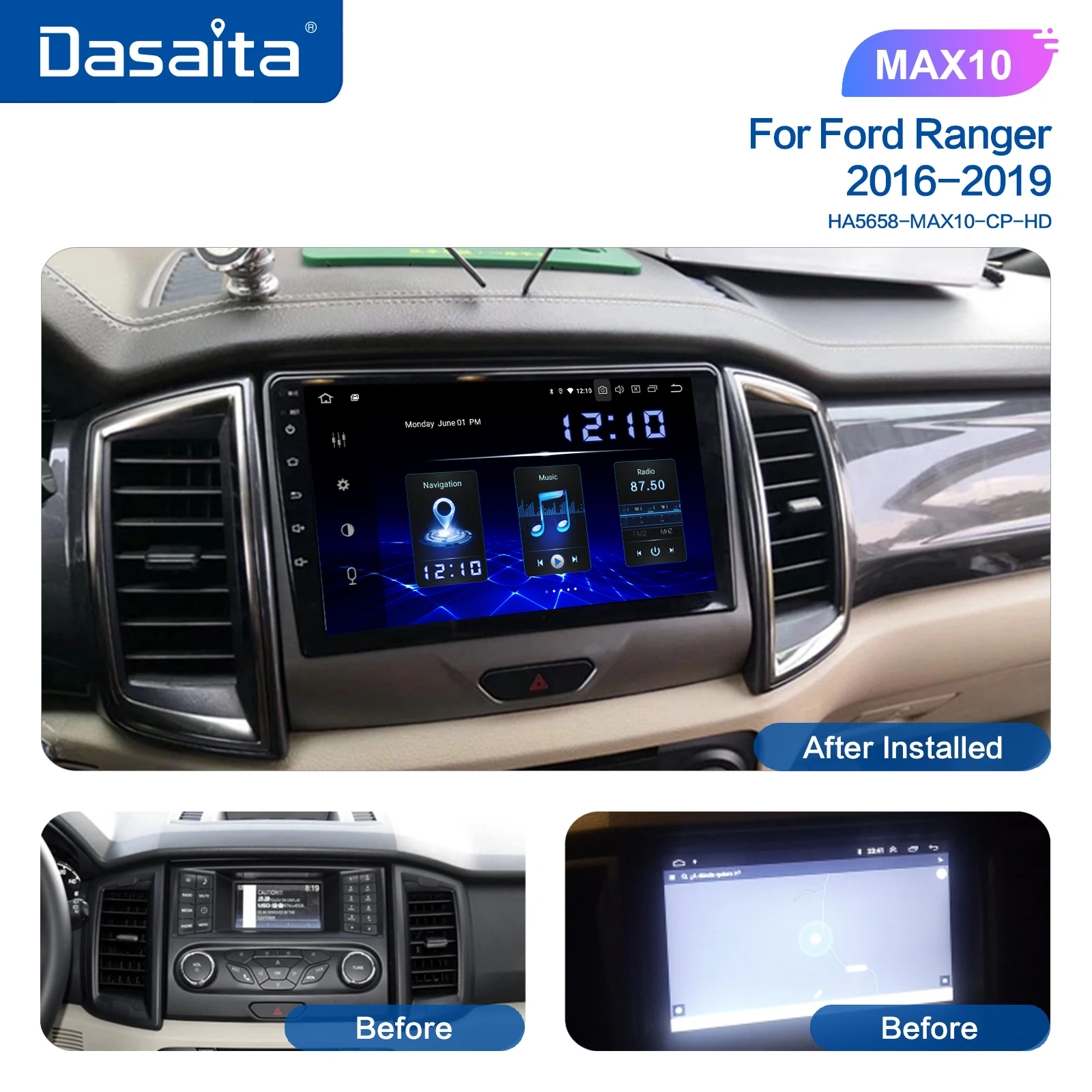 

Автомобильный радиоприемник Dasaita для Ford Ranger 2016 2017 2018 2019 android мультимедийный навигатор GPS 9 "IPS сенсорный экран BT5.0 1280*720 IPS