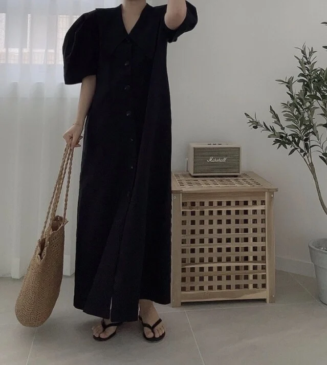 

Summer Korean Chic Turndown Collar Loose Women's Long Dress Casual Shirt Dresses Female Single Breasted Minimalist Dress