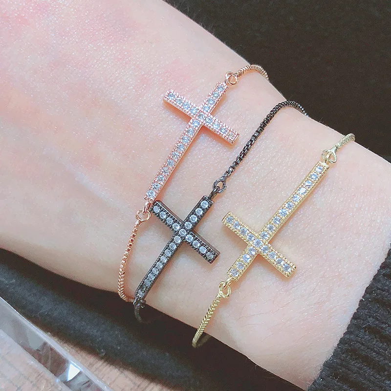 

5 Pieces Wholesale Claw Setting 3A+ CZ Stone Bling Iced Out Cross Bracelets for Women Charm Jewelry Rose Gold Black Color