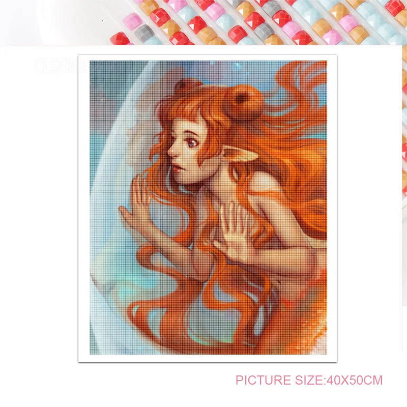 

Living Room Wall Art Diamond Drawing Cartoon Blue Sea Mermaid European Style Background Furniture Cross Stitch Decoration