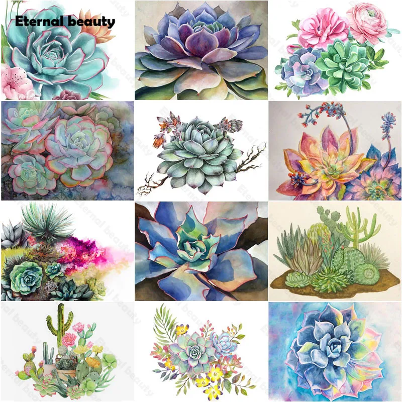 

Diamond Painting Succulant Plant Colorful Beautiful Green Plants Diamond Embroidery Full Round Drill Diamond Mosaic Paintings