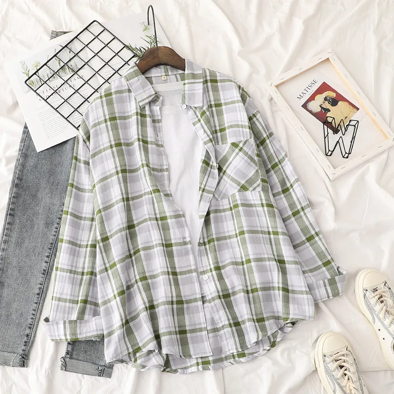 Качественная тонкая хлопковая свободная клетчатая рубашка средней и длинной