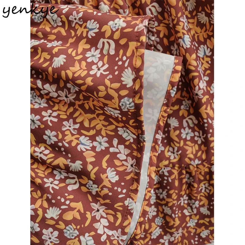 

YENKYE Vintage Floral Print Dress Women Round Neck Long Sleeve A-line Midi Casual Spring Dress Plus Size Female Vestido
