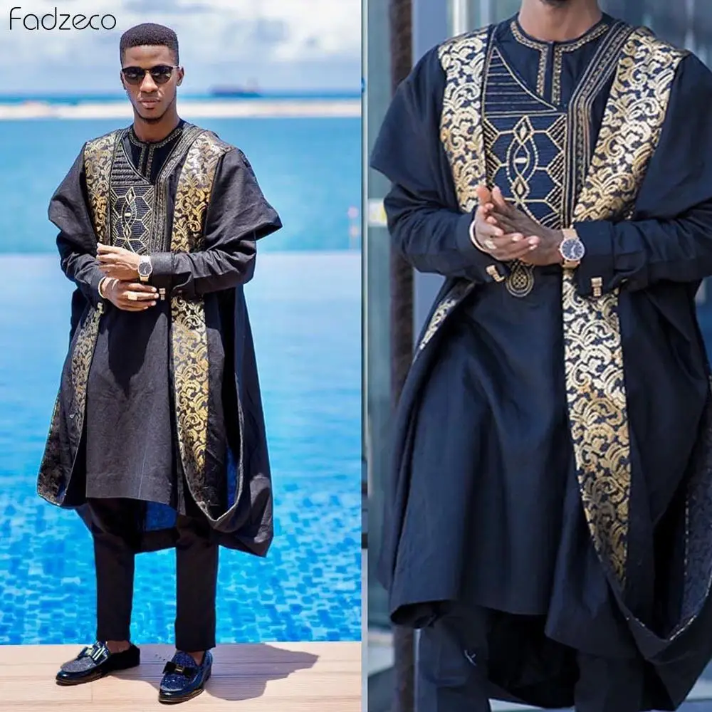 Fadzeco Agbada 2019 Мужская африканская 3 шт размера плюс Дашики вышивка Boubous топы