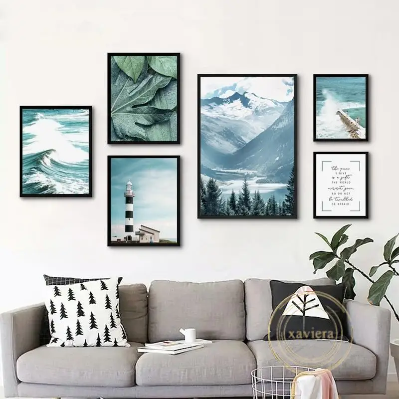 

Scandinavian Natural Landscape Canvas Painting Nordic Forest Mountains Waves Lighthouse Leaf Poster Living Room Art Deco Picture